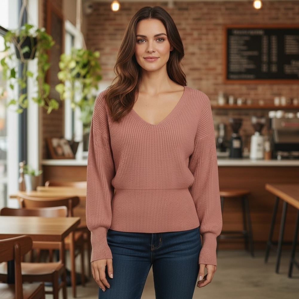 Free People Allure Ribbed Coral Rose Pink V-Neck Cinched Waist Sweater XS Woman‎